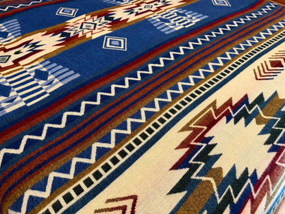 Handwoven Alpaca Blanket Queen Size – Reversible Blue Cream Southwest Aztec Throw | Rustic Cabin Bedroom Decor | Luxury Lodge Blanket Gift