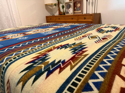 Handwoven Alpaca Blanket Queen Size – Reversible Blue Cream Southwest Aztec Throw | Rustic Cabin Bedroom Decor | Luxury Lodge Blanket Gift