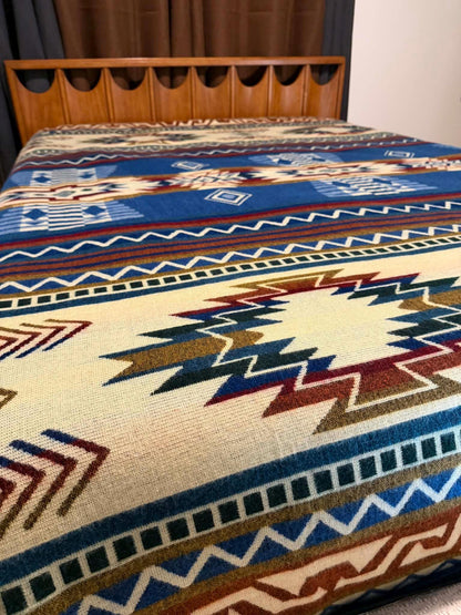Handwoven Alpaca Blanket Queen Size – Reversible Blue Cream Southwest Aztec Throw | Rustic Cabin Bedroom Decor | Luxury Lodge Blanket Gift
