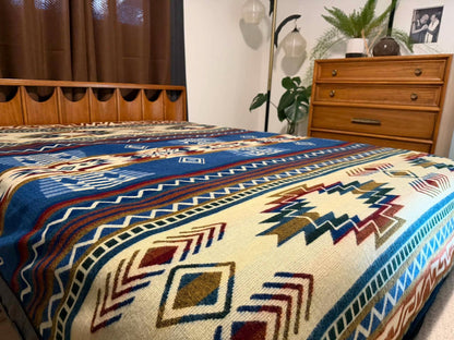 Handwoven Alpaca Blanket Queen Size – Reversible Blue Cream Southwest Aztec Throw | Rustic Cabin Bedroom Decor | Luxury Lodge Blanket Gift