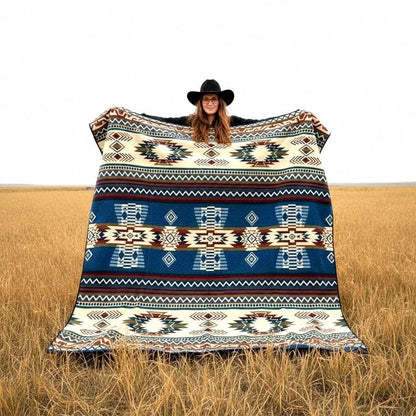 Handwoven Alpaca Blanket Queen Size – Reversible Blue Cream Southwest Aztec Throw | Rustic Cabin Bedroom Decor | Luxury Lodge Blanket Gift