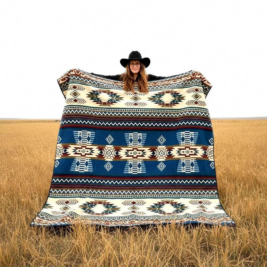 Handwoven Alpaca Blanket Queen Size – Reversible Blue Cream Southwest Aztec Throw | Rustic Cabin Bedroom Decor | Luxury Lodge Blanket Gift