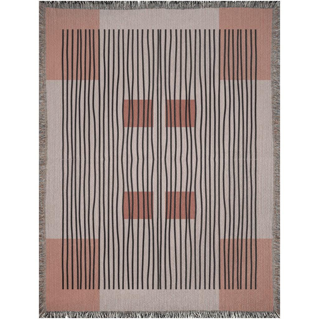 Linear Abstract Woven Cotton Blanket In Terracotta And Black
