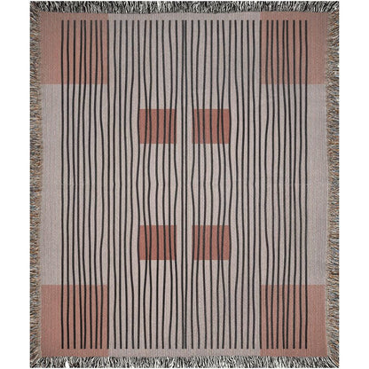 Linear Abstract Woven Cotton Blanket In Terracotta And Black