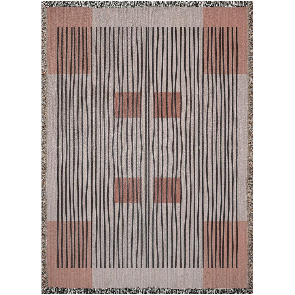 Linear Abstract Woven Cotton Blanket In Terracotta And Black