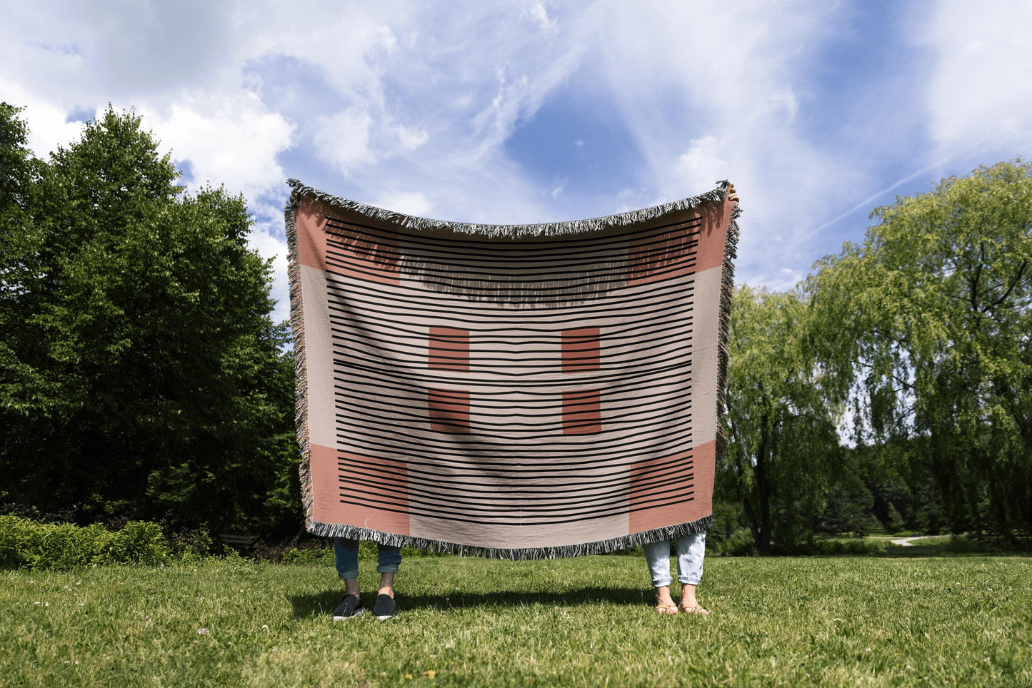 Linear Abstract Woven Cotton Blanket In Terracotta And Black
