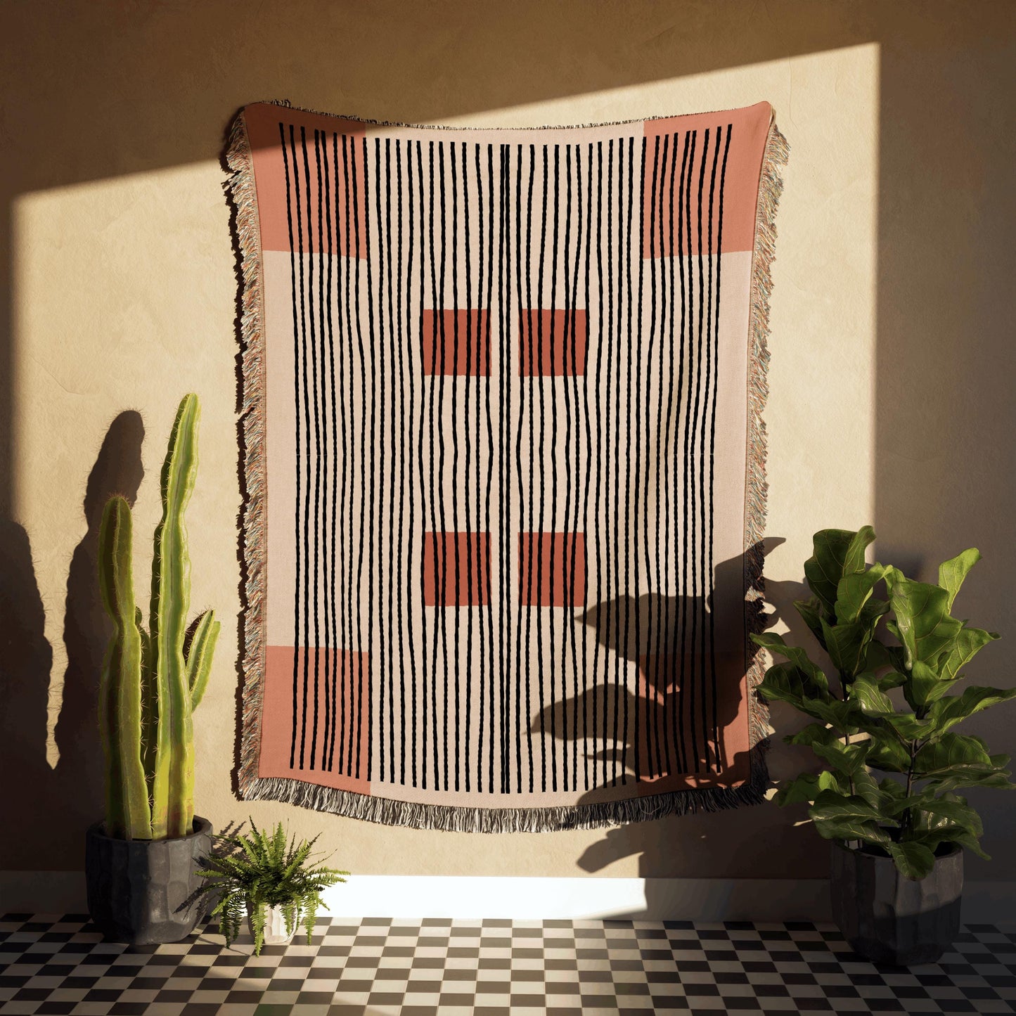 Linear Abstract Woven Cotton Blanket In Terracotta And Black