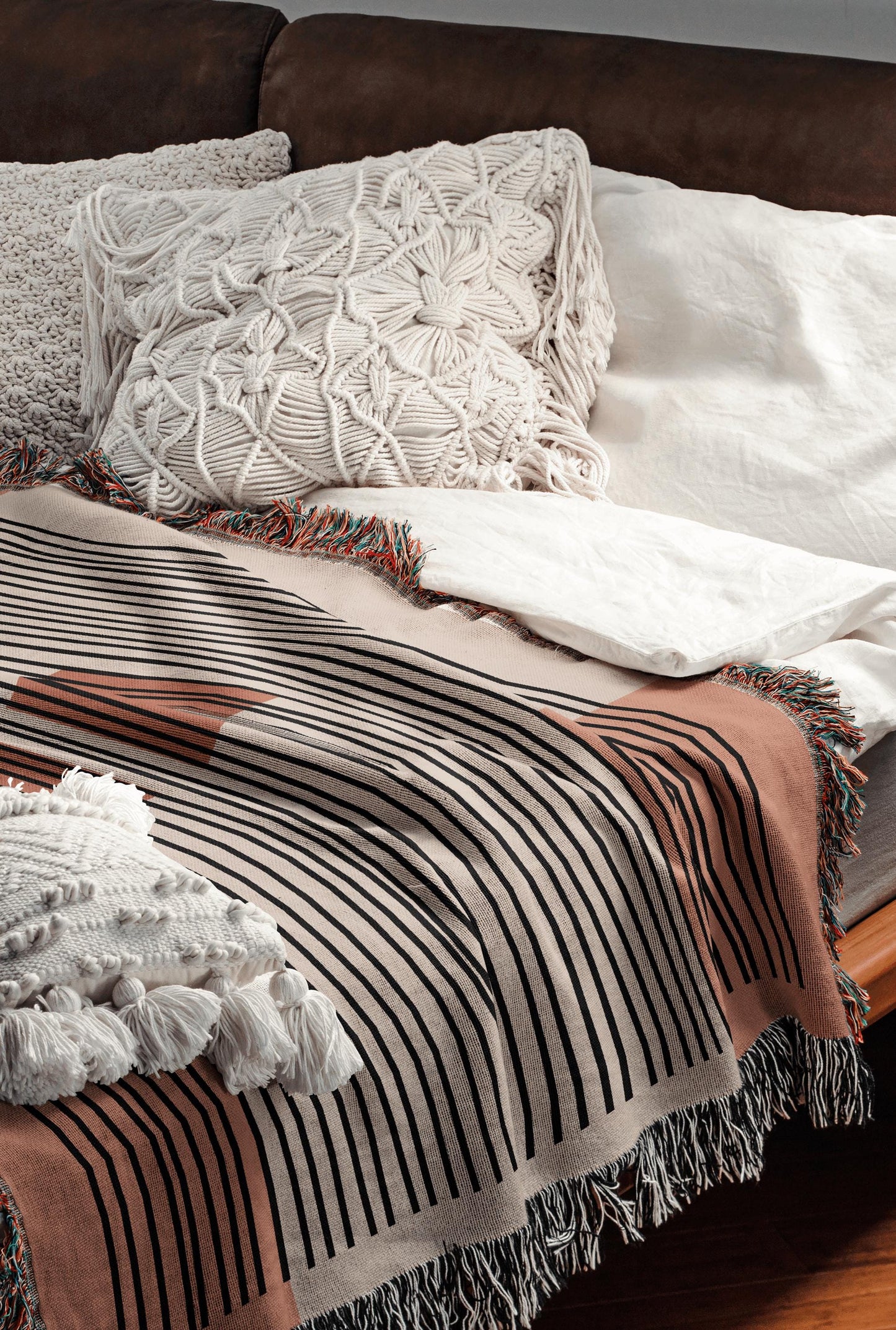 Linear Abstract Woven Cotton Blanket In Terracotta And Black