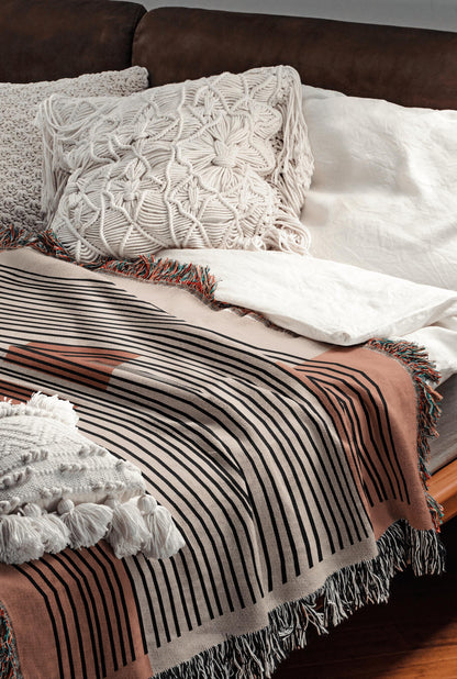 Linear Abstract Woven Cotton Blanket In Terracotta And Black