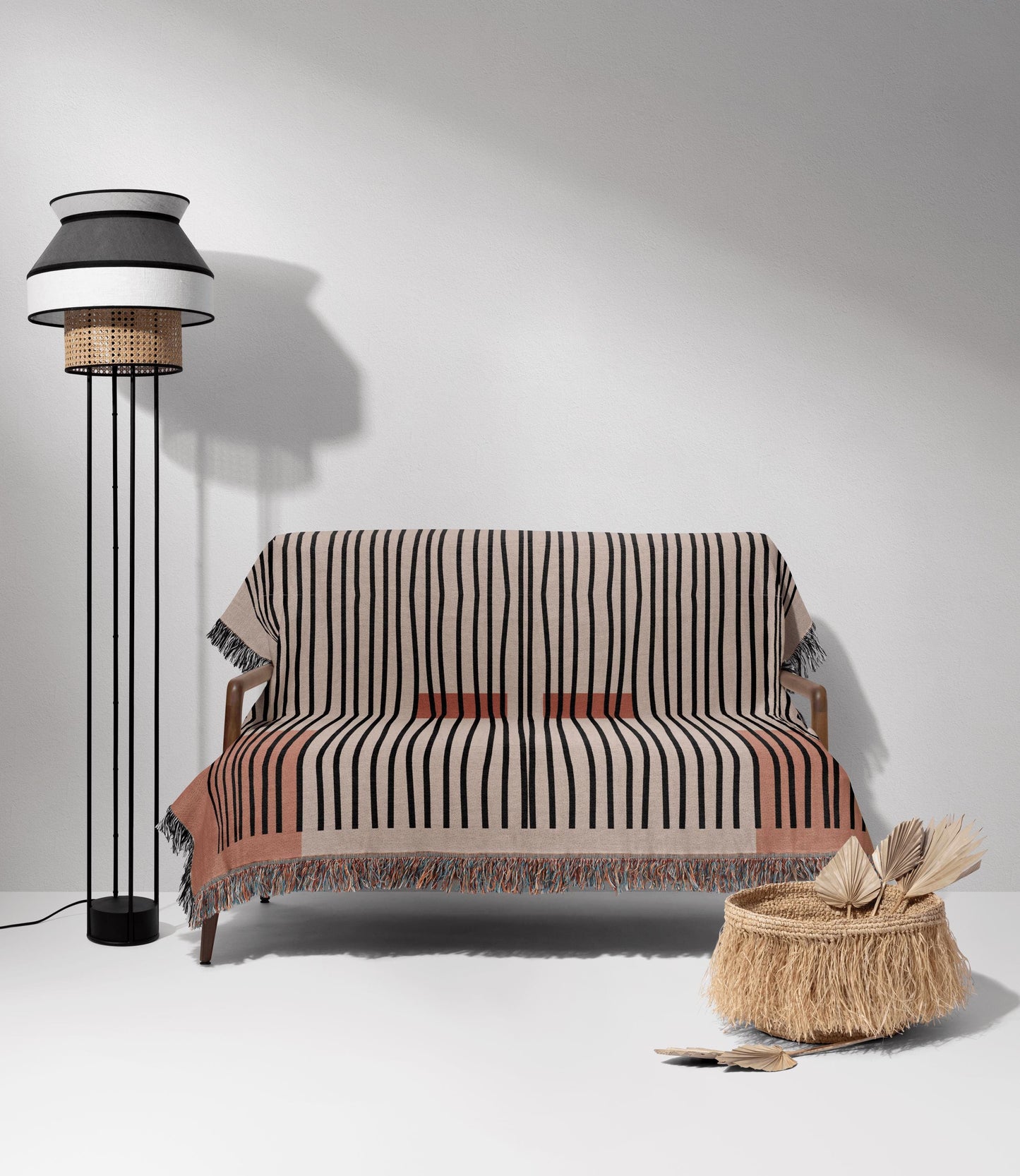 Linear Abstract Woven Cotton Blanket In Terracotta And Black