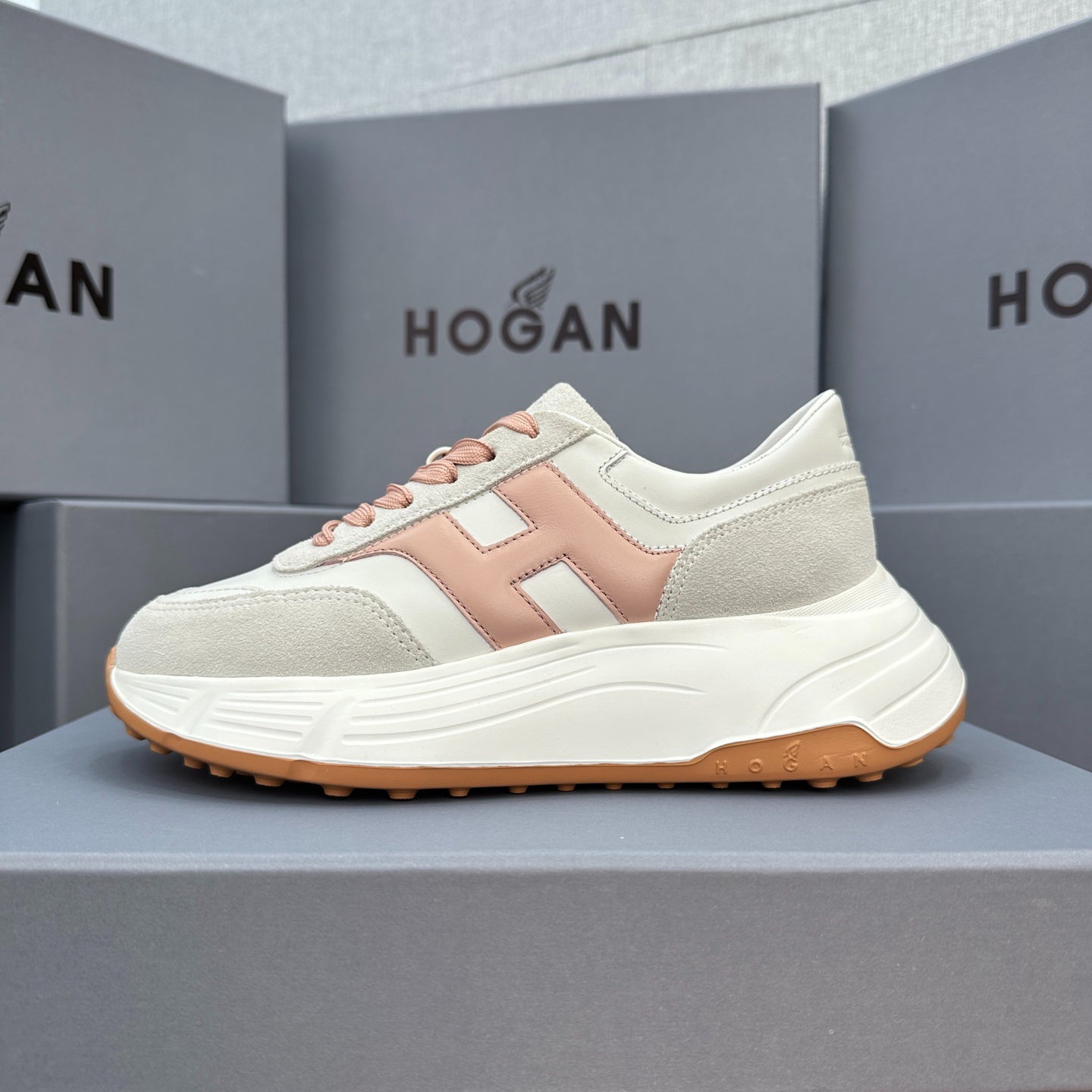 HOGAN Women White Dusty Pink H Logo Leather Suede Platform Sneakers Chunky Thick Sole Height Increase Casual Walking Shoes