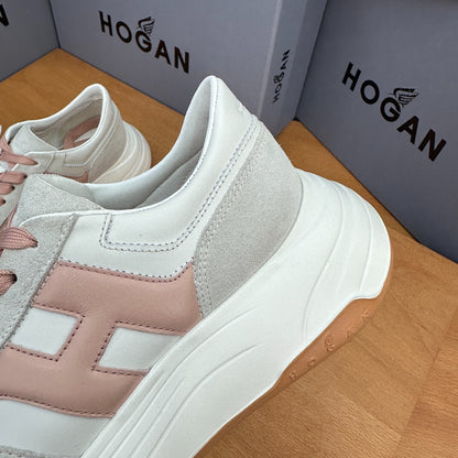 HOGAN Women White Dusty Pink H Logo Leather Suede Platform Sneakers Chunky Thick Sole Height Increase Casual Walking Shoes