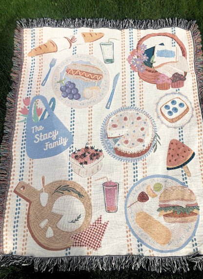 Personalized Woven Picnic Blanket, Beach Blanket Throw, Cottagecore, Food Art, Unique Custom Blanket, Family Gift, Christmas gift for family