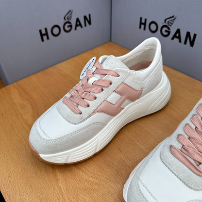 HOGAN Women White Dusty Pink H Logo Leather Suede Platform Sneakers Chunky Thick Sole Height Increase Casual Walking Shoes