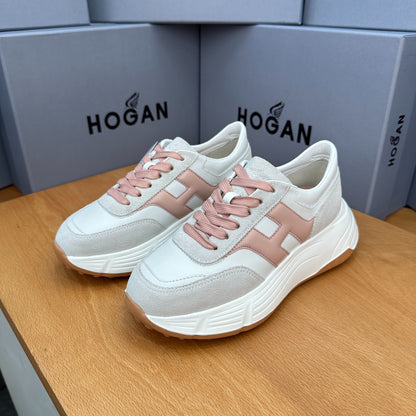 HOGAN Women White Dusty Pink H Logo Leather Suede Platform Sneakers Chunky Thick Sole Height Increase Casual Walking Shoes