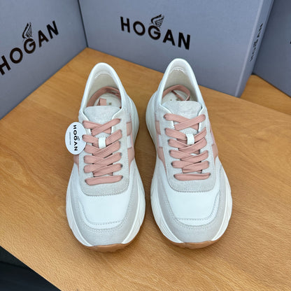 HOGAN Women White Dusty Pink H Logo Leather Suede Platform Sneakers Chunky Thick Sole Height Increase Casual Walking Shoes
