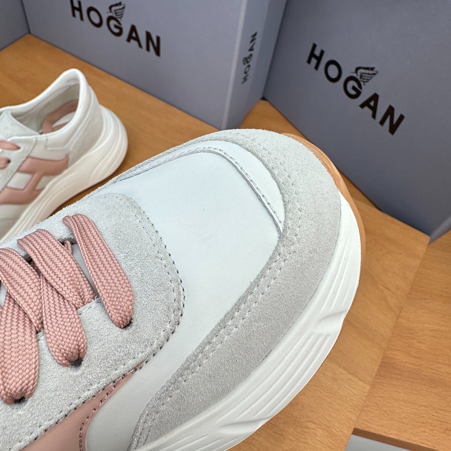 HOGAN Women White Dusty Pink H Logo Leather Suede Platform Sneakers Chunky Thick Sole Height Increase Casual Walking Shoes
