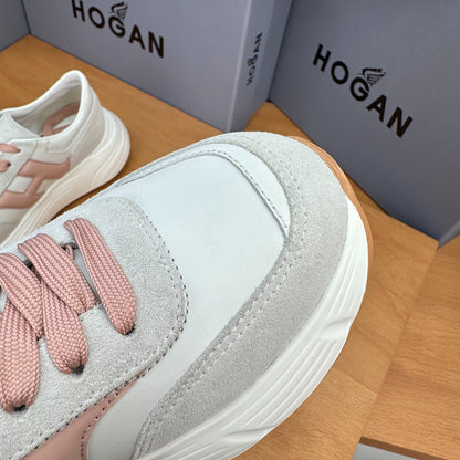HOGAN Women White Dusty Pink H Logo Leather Suede Platform Sneakers Chunky Thick Sole Height Increase Casual Walking Shoes