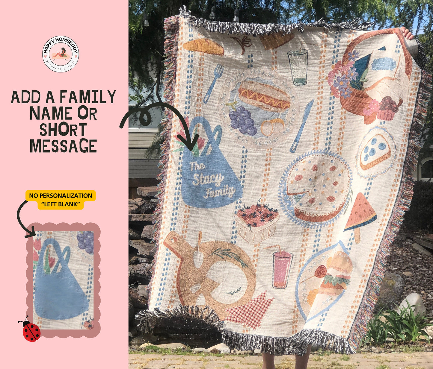Personalized Woven Picnic Blanket, Beach Blanket Throw, Cottagecore, Food Art, Unique Custom Blanket, Family Gift, Christmas gift for family