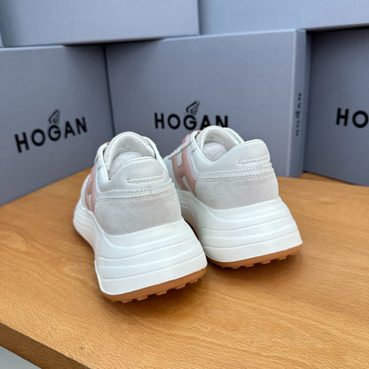 HOGAN Women White Dusty Pink H Logo Leather Suede Platform Sneakers Chunky Thick Sole Height Increase Casual Walking Shoes