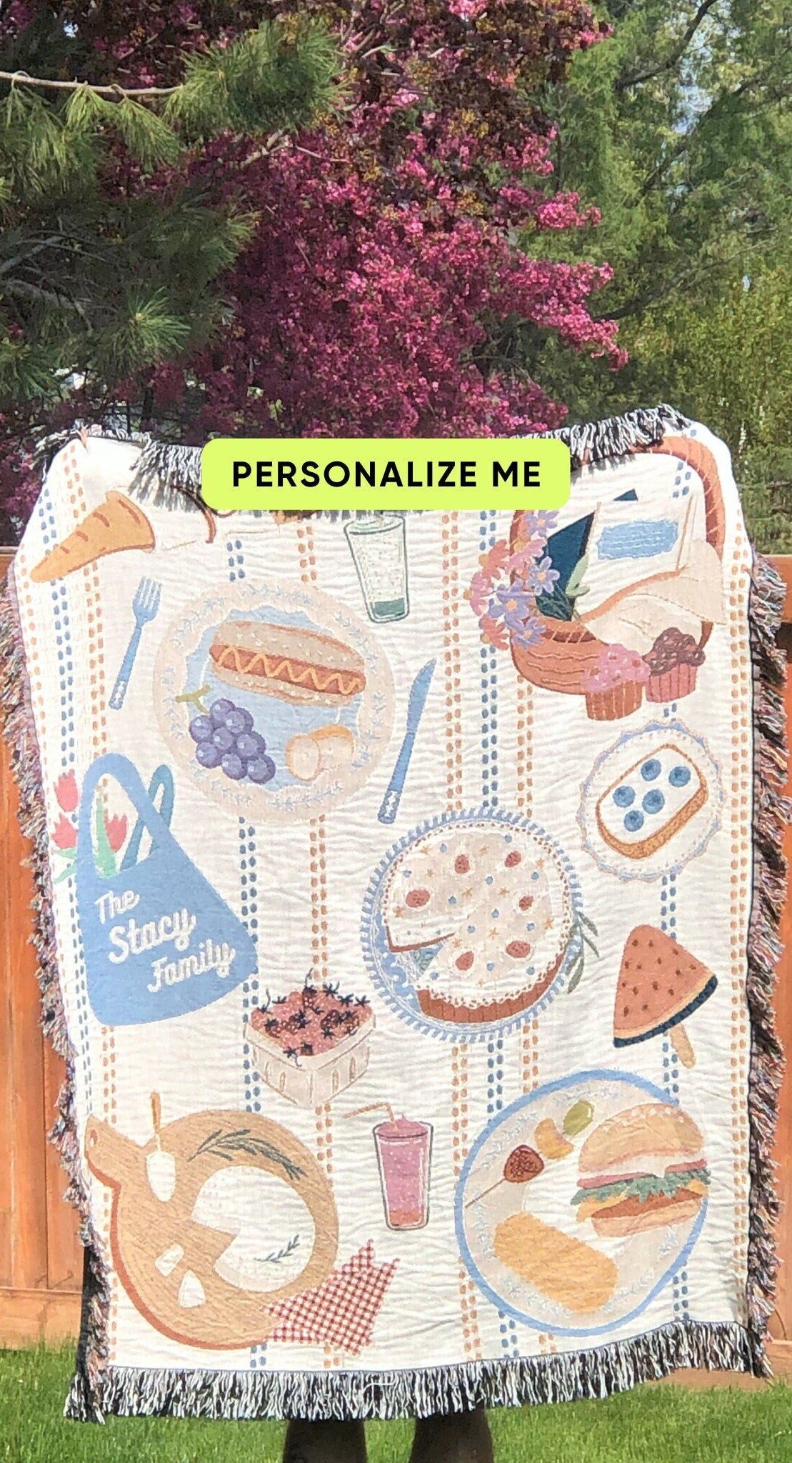 Personalized Woven Picnic Blanket, Beach Blanket Throw, Cottagecore, Food Art, Unique Custom Blanket, Family Gift, Christmas gift for family