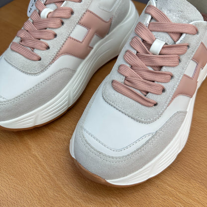 HOGAN Women White Dusty Pink H Logo Leather Suede Platform Sneakers Chunky Thick Sole Height Increase Casual Walking Shoes