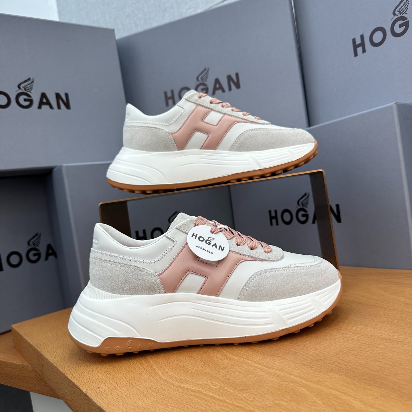 HOGAN Women White Dusty Pink H Logo Leather Suede Platform Sneakers Chunky Thick Sole Height Increase Casual Walking Shoes