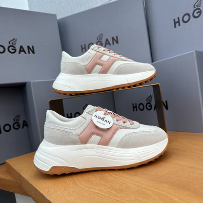 HOGAN Women White Dusty Pink H Logo Leather Suede Platform Sneakers Chunky Thick Sole Height Increase Casual Walking Shoes