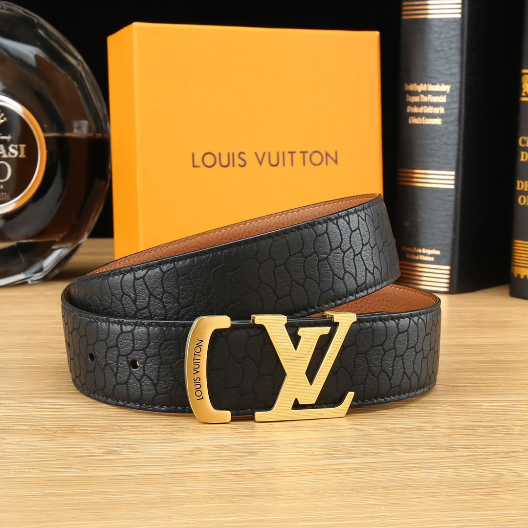 LV Black Textured Leather 40mm Belt with Gold Buckle