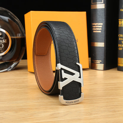 LV Black Textured Leather 40mm Belt with Gold Buckle