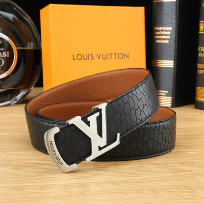 LV Black Textured Leather 40mm Belt with Gold Buckle
