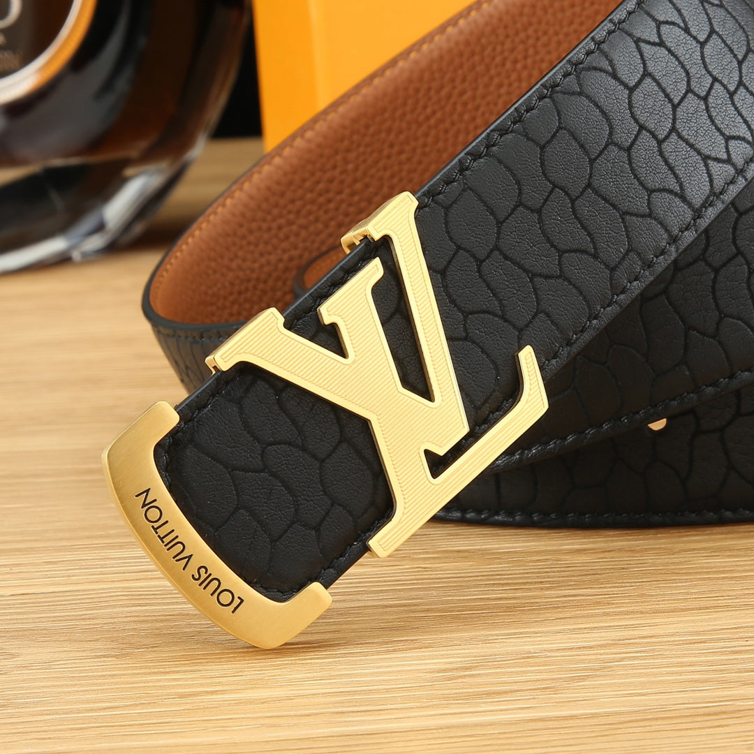 LV Black Textured Leather 40mm Belt with Gold Buckle