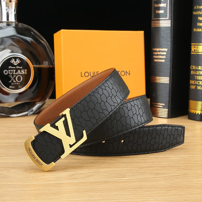 LV Black Textured Leather 40mm Belt with Gold Buckle
