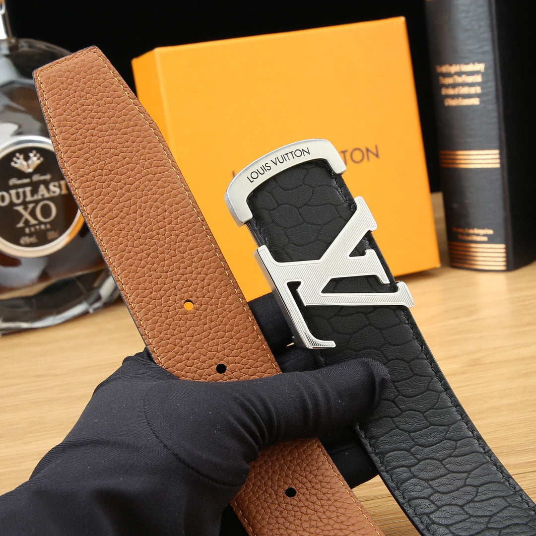 LV Black Textured Leather 40mm Belt with Gold Buckle