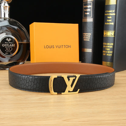 LV Black Textured Leather 40mm Belt with Gold Buckle