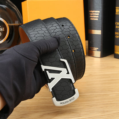 LV Black Textured Leather 40mm Belt with Gold Buckle