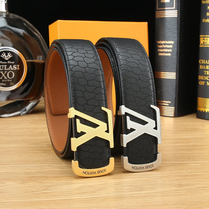 LV Black Textured Leather 40mm Belt with Gold Buckle