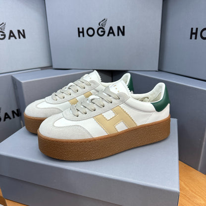HOGAN White Beige & Green Thick Gum Platform Casual Sneakers