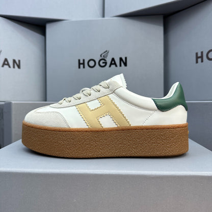 HOGAN White Beige & Green Thick Gum Platform Casual Sneakers