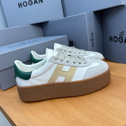 HOGAN White Beige & Green Thick Gum Platform Casual Sneakers