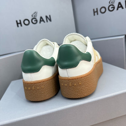 HOGAN White Beige & Green Thick Gum Platform Casual Sneakers