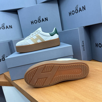 HOGAN White Beige & Green Thick Gum Platform Casual Sneakers