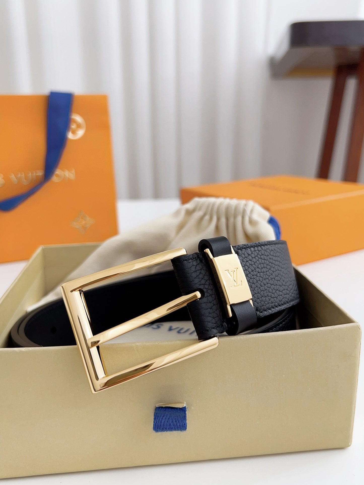 LV Black Togo Leather 35mm Pin Buckle Belt