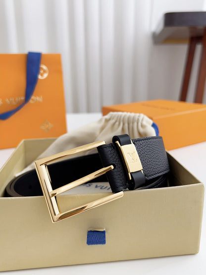 LV Black Togo Leather 35mm Pin Buckle Belt