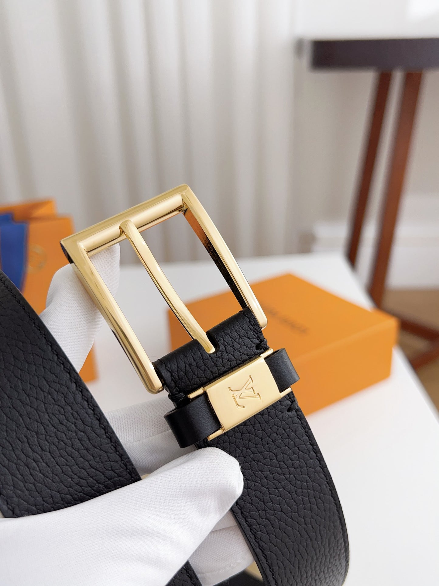 LV Black Togo Leather 35mm Pin Buckle Belt