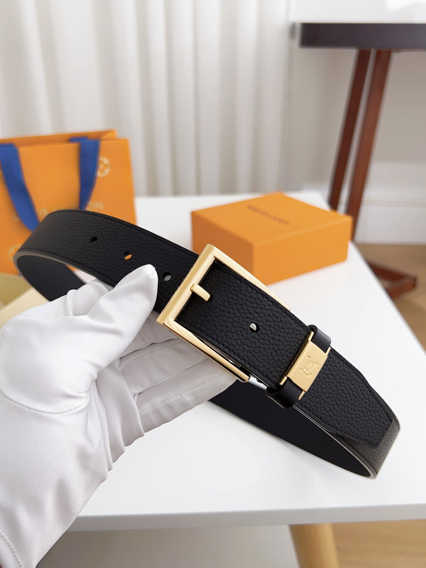 LV Black Togo Leather 35mm Pin Buckle Belt