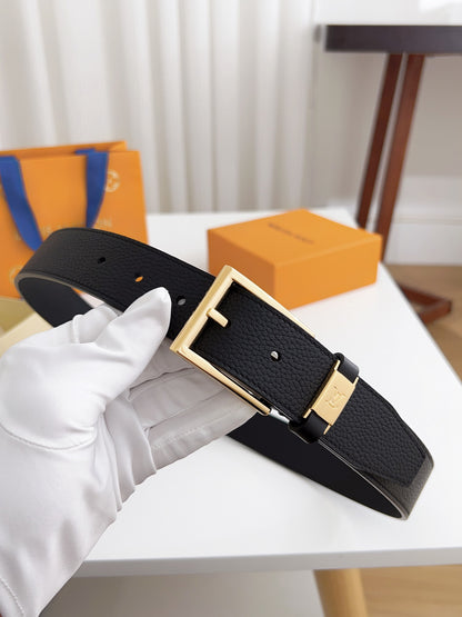 LV Black Togo Leather 35mm Pin Buckle Belt