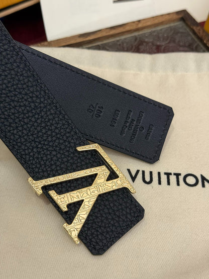 LV Black Leather 40mm Belt with Gold Engraved LV Buckle