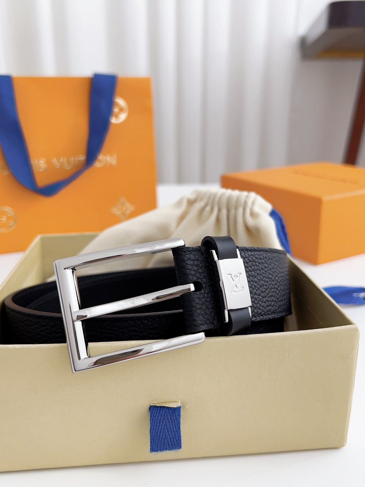 LV Black Togo Leather 35mm Pin Buckle Belt