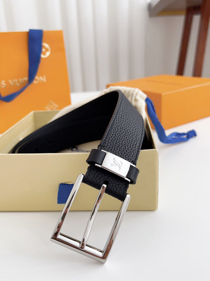 LV Black Togo Leather 35mm Pin Buckle Belt